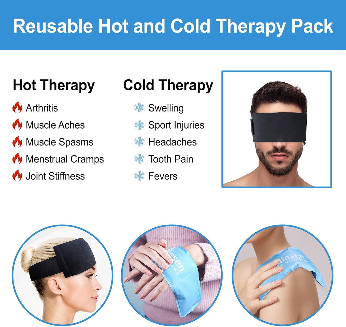 Pallesen Ice Packs for Injuries Reusable, Migraine Relief Products, Soft Flexible Gel Cold Pack Cold Compress for Eye & Head, Neck Ice Pack Wrap, Relieves Pain and Reduces Inflammation, 12.6 x 3.5in