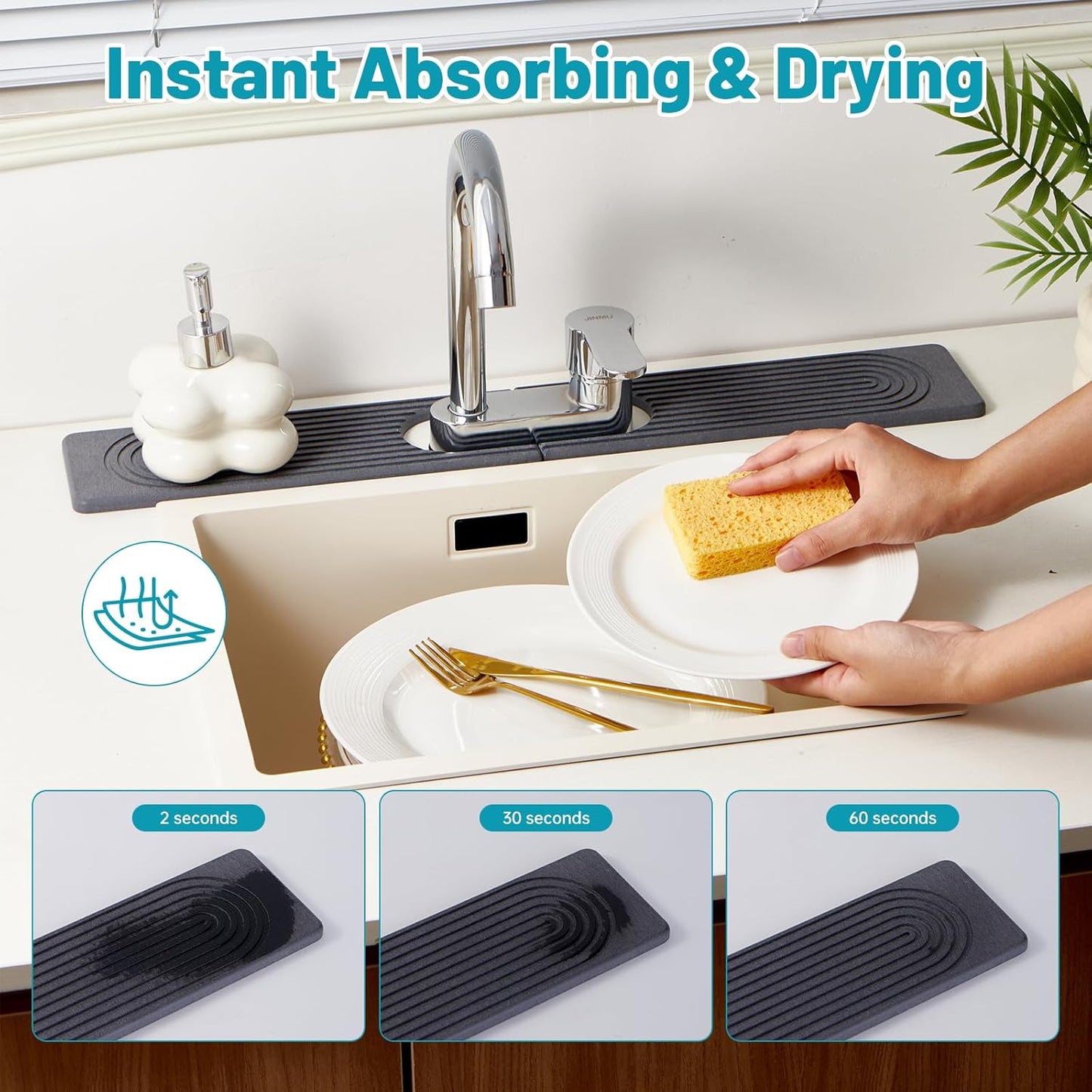 Stone Faucet Mat for Kitchen Sink Oval Hole Bathroom sink splash guard | Water-Absorbing Diatomite Stone Drying Mat & Sink Protectors Absorbent Stone Tray for Bathroom Counter, Oval Hole 6.5" x 2.5"