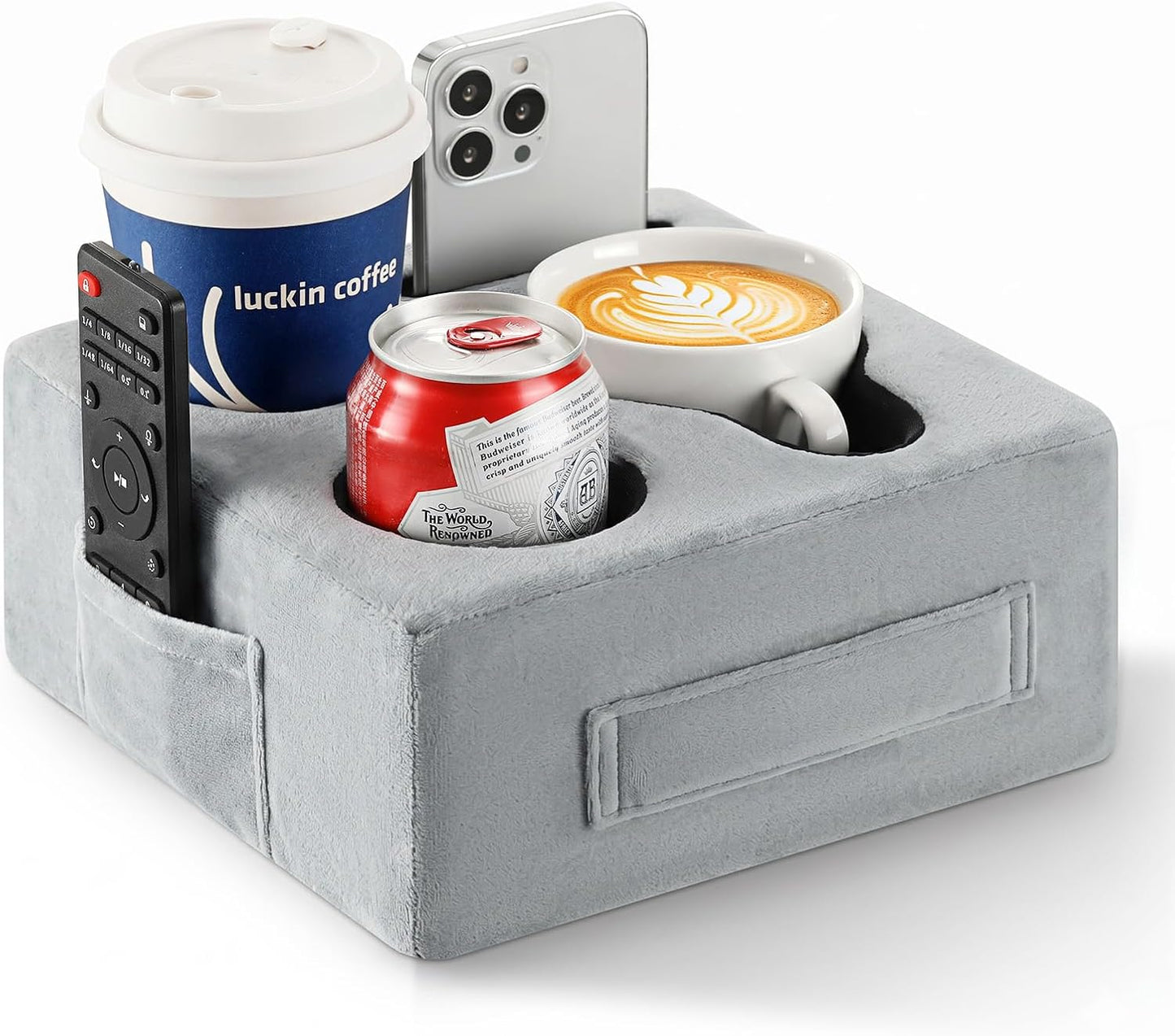 Luxspire Couch Cup Holder, Couch Caddy, 4 Holes, Gray | Couch Cup Holder Pillow Side Pocket and Handle, Couch Caddy Pillow for Phone/Drinks/Remote Control/Snacks