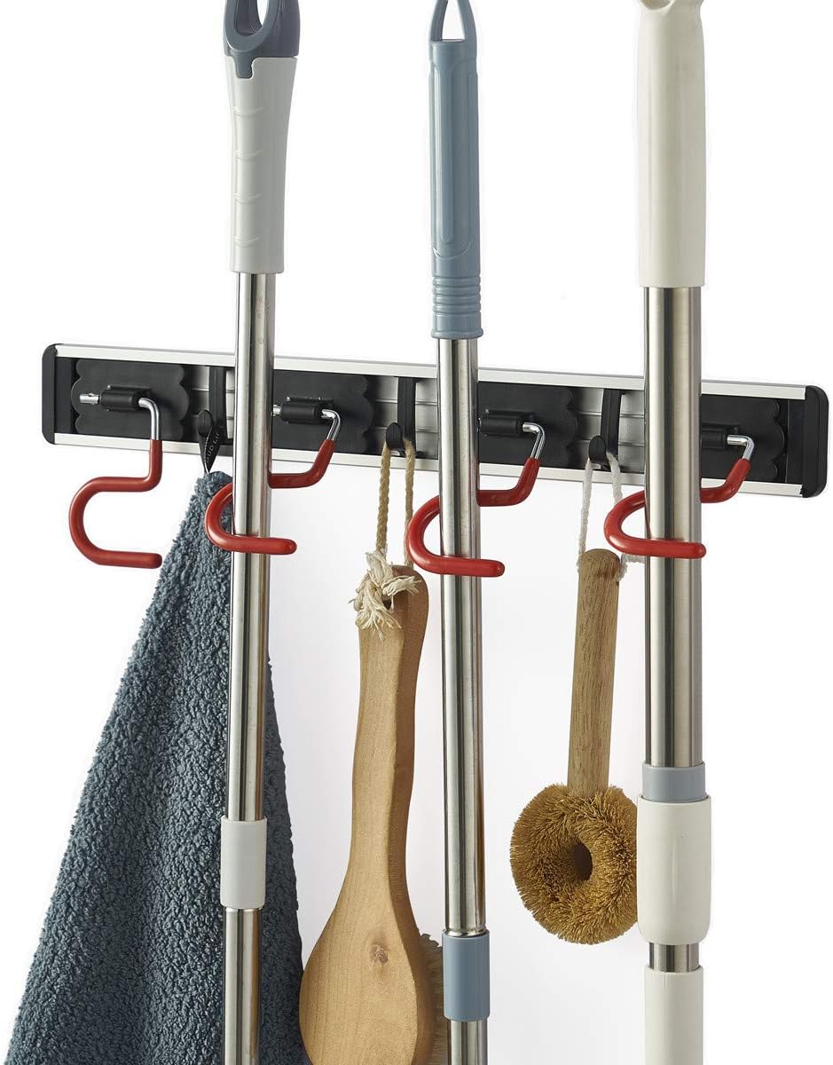 Wall Mounted Mop and Broom Holder Stainless Steel S Type Broom Rack Anti-Slip Mop Organizer (17 Inches,4 Positions 3 Hooks, Red black) (17inch)