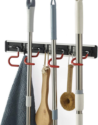 Wall Mounted Mop and Broom Holder Stainless Steel S Type Broom Rack Anti-Slip Mop Organizer (17 Inches,4 Positions 3 Hooks, Red black) (17inch)