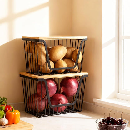 2 PACK Pantry Organizers and Storage, Stackable Onion Potato Bins | Large Wire Storage Basket, Breathable Design for Onion, Potato, Garlic, Fruit, Vegetables Fresh, Kitchen Pantry Storage
