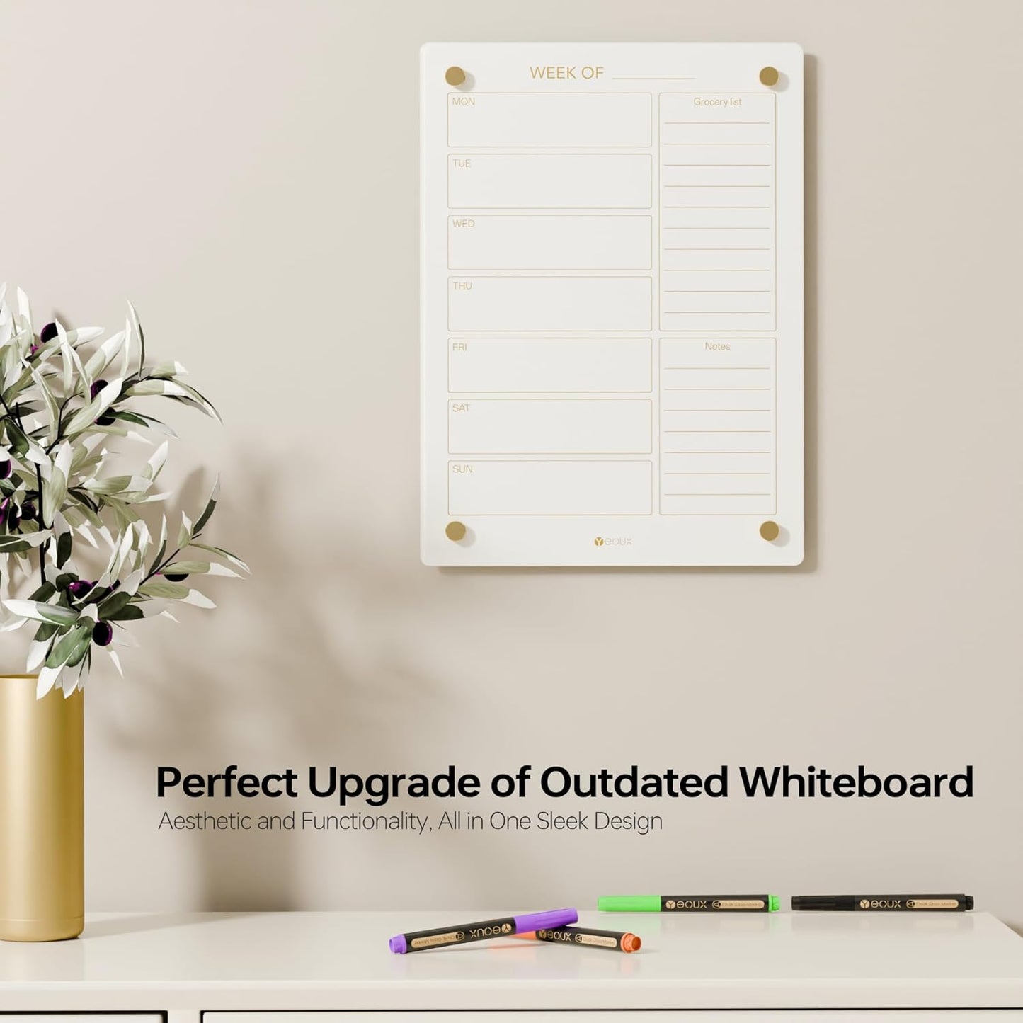 Yeoux Clear Glass Golden Weekly & Menu Dry Erase Calendar Board 15“x11 | Wall Mount, Non-Magnetic, Meal Planning & Grocery Shopping List Whiteboard for Kitchen & Home, 4 Markers