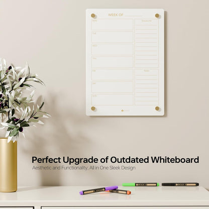 Yeoux Clear Glass Golden Weekly & Menu Dry Erase Calendar Board 15“x11 | Wall Mount, Non-Magnetic, Meal Planning & Grocery Shopping List Whiteboard for Kitchen & Home, 4 Markers