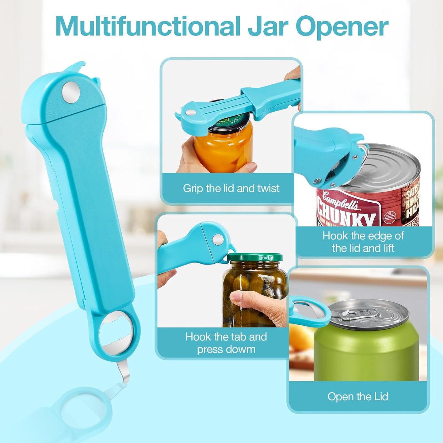 Jar Opener for Seniors with Arthritis, 7 in 1 Bottle Opener and Wine Corkscrew, Easy Grip Kitchen Gadget for Weak Hands Elderly, Retractable Jaw Lid Opener with Magnetic Storage (Teal)