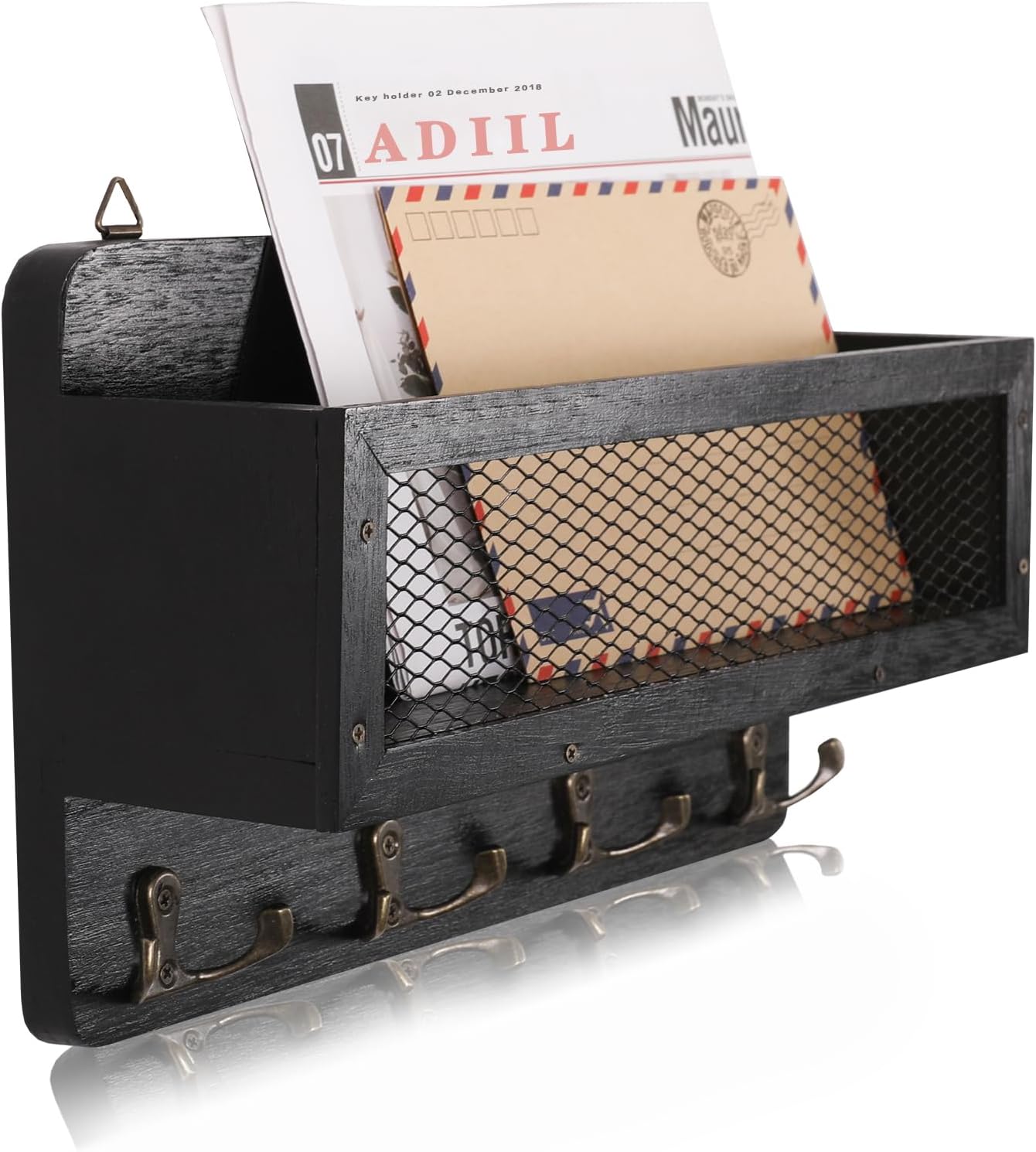 ADIIL Mail and Key Holder for Wall Decorative, Wooden Wall Mount Key Rack Hanger Organizer with 4 Double Key Hooks, Rustic Home Decor for Entryway Hallway, Brown