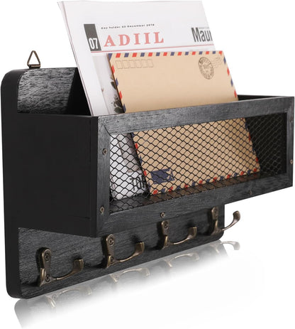 ADIIL Mail and Key Holder for Wall Decorative, Wooden Wall Mount Key Rack Hanger Organizer with 4 Double Key Hooks, Rustic Home Decor for Entryway Hallway, Brown
