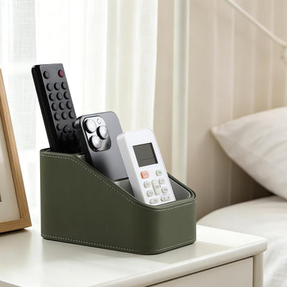 Remote Control Holder, Small Desk Organizer TV Remote Caddy, Black | PU Leather 3 Compartments Remote Holder, Remote Organizer Nightstand Organizer for Couch Bedside Living Room Office