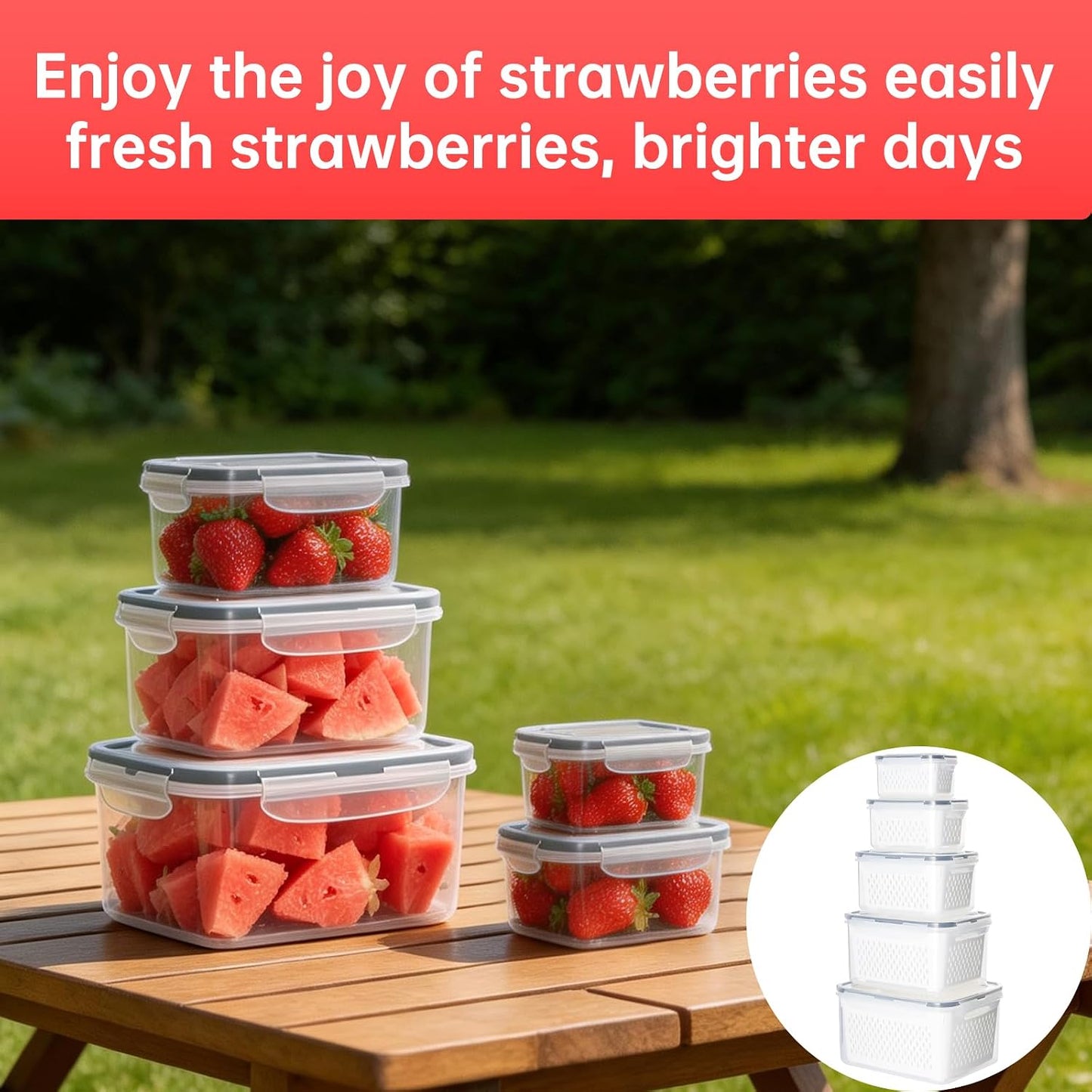 Watermelon Container with Strainer, Fruit Strainer Container with Lid 5 PCS | Sealed in All Aspects, No‑Leakage, Easy to Clean and Use, Sturdy and Durable, Premium Plastic Material, for Daily Kitchen Use