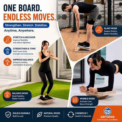 Slant Boards for Exercise, 3-in-1 Wooden Calf Stretcher, Rocker Balance Board and 360° Wobble Board, 5 Adjustable Angles, Anti-Slip Surface, Training Poster Included