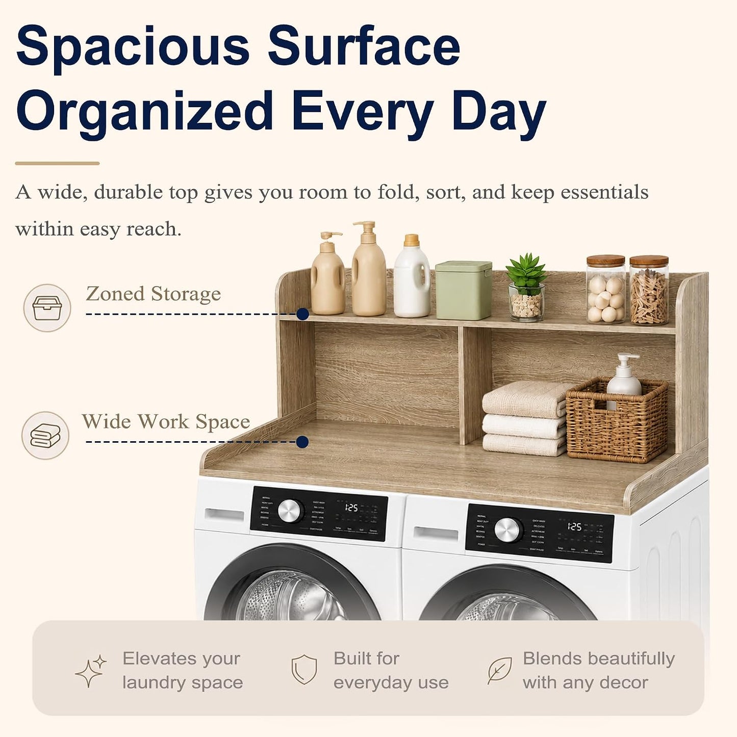 Royxen Washer Dryer Countertop with Extra Tall Shelf, 19" Height Washer and Dryer Topper, Laundry Countertop with Non-Slip Pads, Universal Fit for Laundry Room Organization, Walnut