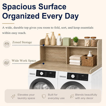 Royxen Washer Dryer Countertop with Extra Tall Shelf, 19" Height Washer and Dryer Topper, Laundry Countertop with Non-Slip Pads, Universal Fit for Laundry Room Organization, Walnut