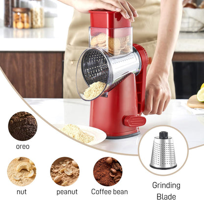 Weltonhm 4 in 1 Large Rotary Cheese Grater Hand Crank (black, 3 Graters) | Cheese Shredder Rotary and Slicer with 4 Stainless Steel Blades for Vegetables, Veggie and Cheese, Stronger Suction Base