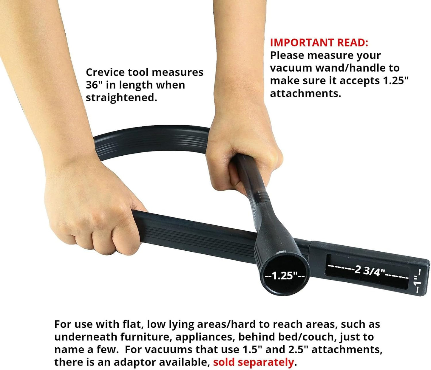 36-Inch Under Refrigerator Cleaning Tool, Flat Flexible Vacuum Crevice Attachment, 1.25” Fit with 1.5” & 1-3/8” Adapters, Black, for Appliances & Central Vacuums