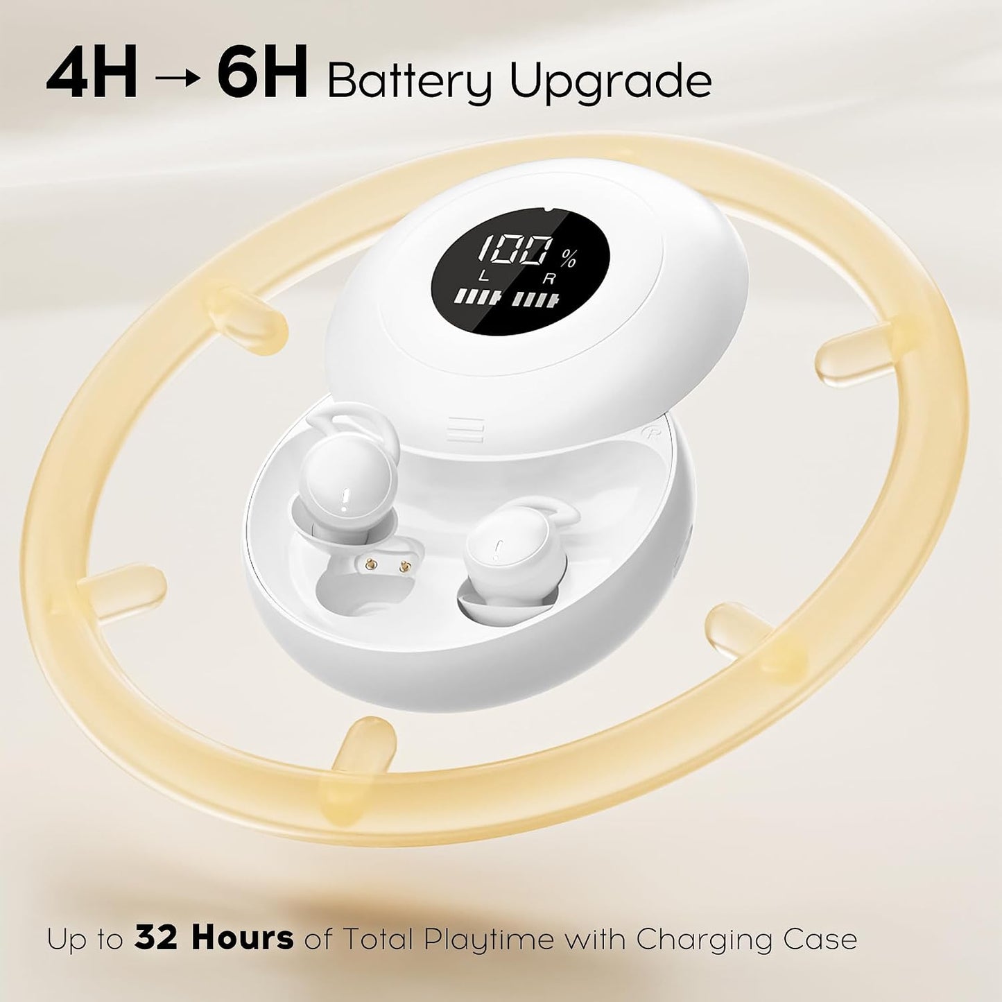 Sleep Earbuds Bluetooth 6.0, Mini Invisible Silicone Sleep Earbuds for Side Sleepers, Noise Blocking Sleeping Headphones, Hidden Earbuds with LED Display for Small Ears, Sleep & Relax（Beige）