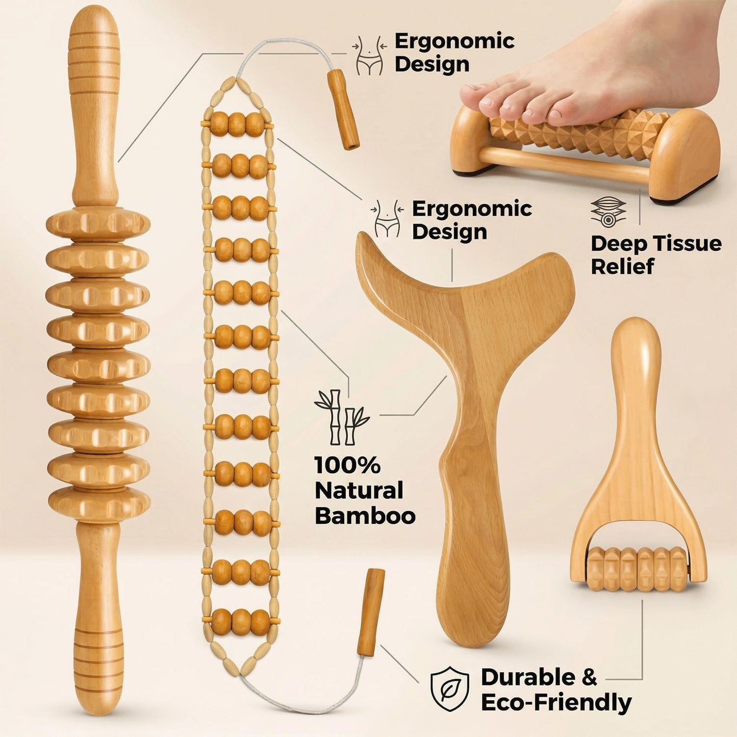 5 in 1 Wood Therapy Massage Tools Set for Cellulite Reduction & Stress Relief – Maderoterapia Kit for Lymphatic Drainage, Body Sculpting, Nervous System Relaxation & Muscle Recovery