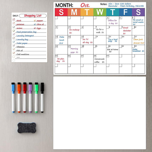 3 Pack Dry Erase Magnetic Calendar for Refrigerator - Monthly & Weekly & Daily Planner Magnet Whiteboard for Fridge Wall - Shopping, Meal/Menu, To Do List, Family Schedule Planning Board (10HB-RIZH3)