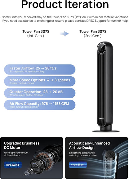 DREO Tower Fan for Bedroom, Upgraded 20dB Quiet Fans that Blow Cold Air | 28ft/s High Velocity, 9 Speeds, 4 Modes, 12H Timer, 90° Oscillating Cooling Standing Fan for Indoor Home Office, 42 inch
