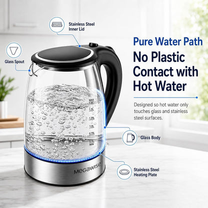 MEGAWISE 1.8L Healthy Electric Kettle, 1800W Borosilicate Glass Tea Kettle with Food Grade Material, Auto Shut-Off and Boil-Dry Protection Cordless Kettle Fast Boiling, BPA Free