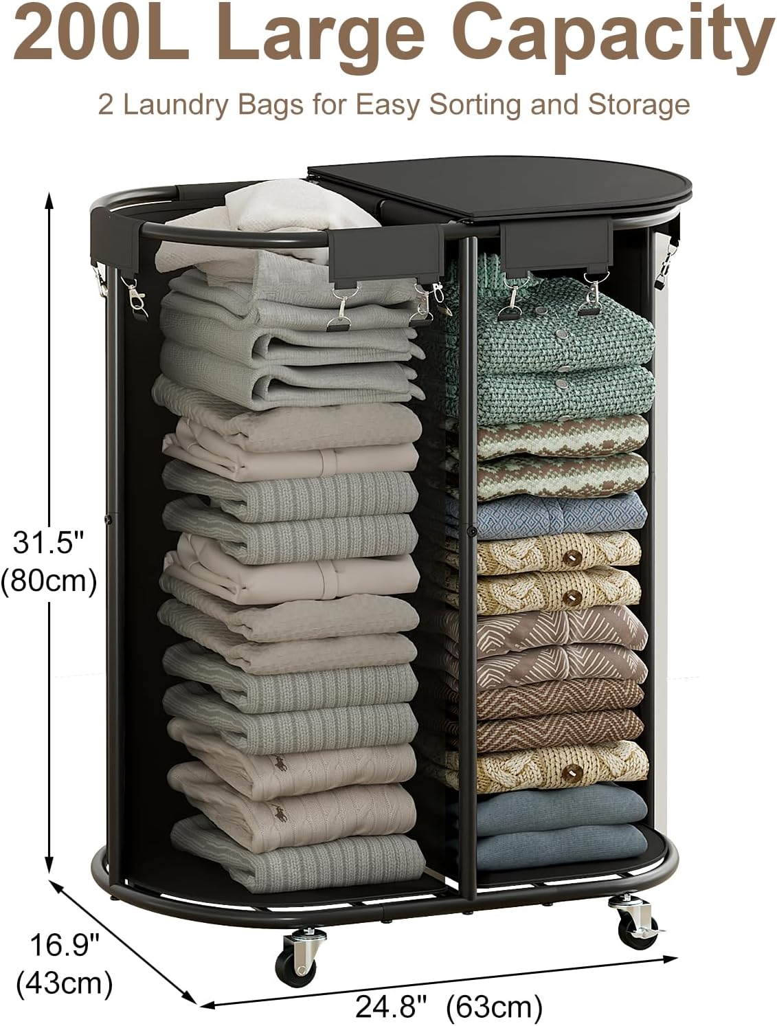 Laundry Hamper with Wheels and Lid, 100L Half Round Rolling Laundry Basket | Gasvadivum Sturdy Metal Frame Laundry Cart with Removable Bag, Dirty Clothes sorter Organizer for Bathroom, Bedroom, Black