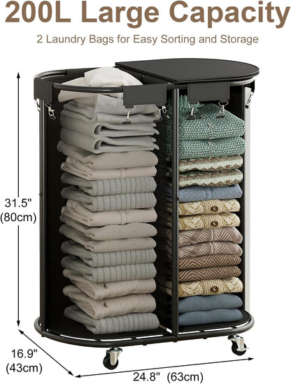Laundry Hamper with Wheels and Lid, 100L Half Round Rolling Laundry Basket | Gasvadivum Sturdy Metal Frame Laundry Cart with Removable Bag, Dirty Clothes sorter Organizer for Bathroom, Bedroom, Black