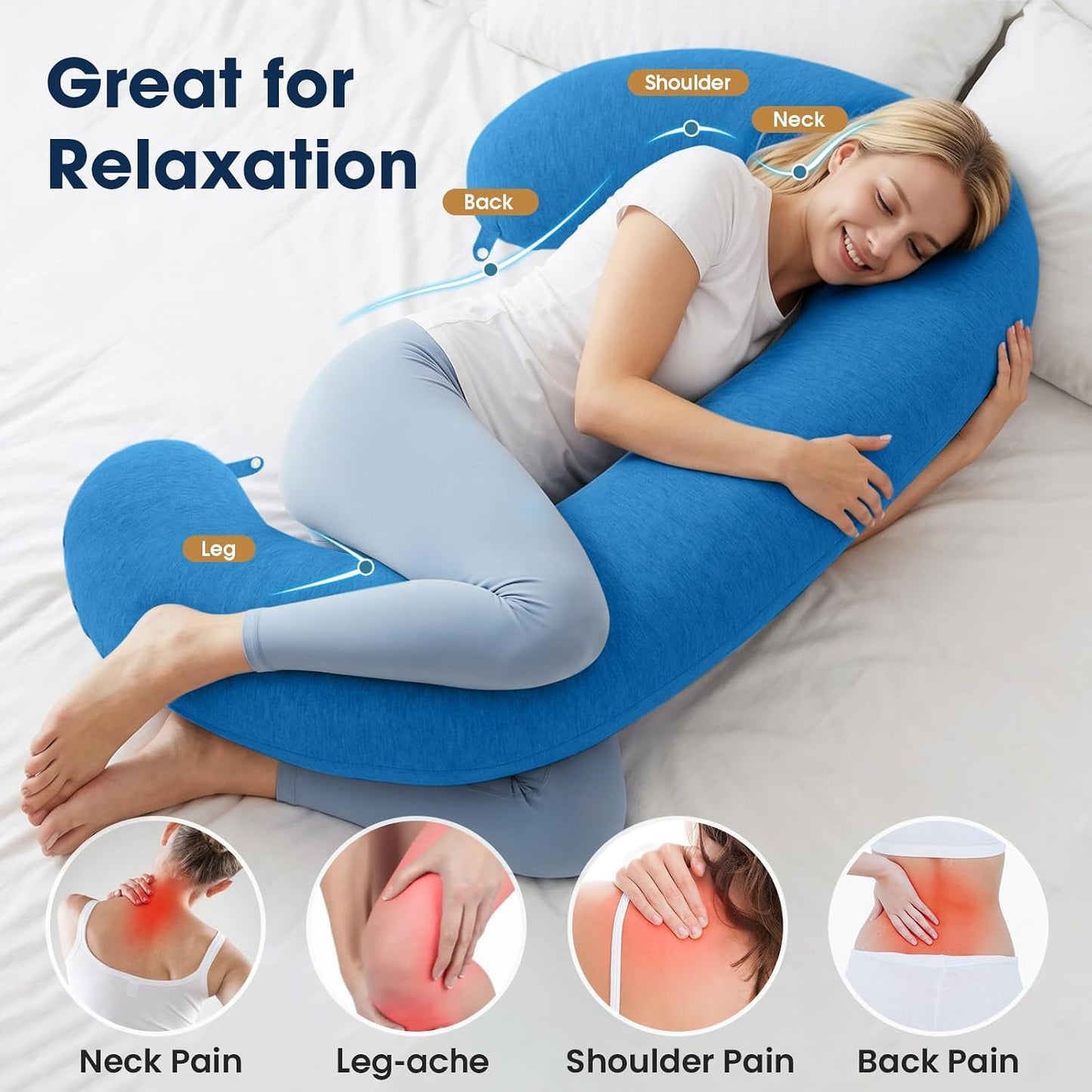 TranquilRelax C Shaped Body Pillow for Side Sleepers, Memory Foam Long Pillow for Leg, Hip & Back Support, Soft Washable Cover,Grey-47"*10"