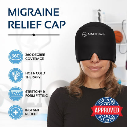 Migraine Relief Cap Ice Head Wrap and Hat | Hot/Cold Gel Pack with Face and Eye Mask Compress for Headache Relief - Black
