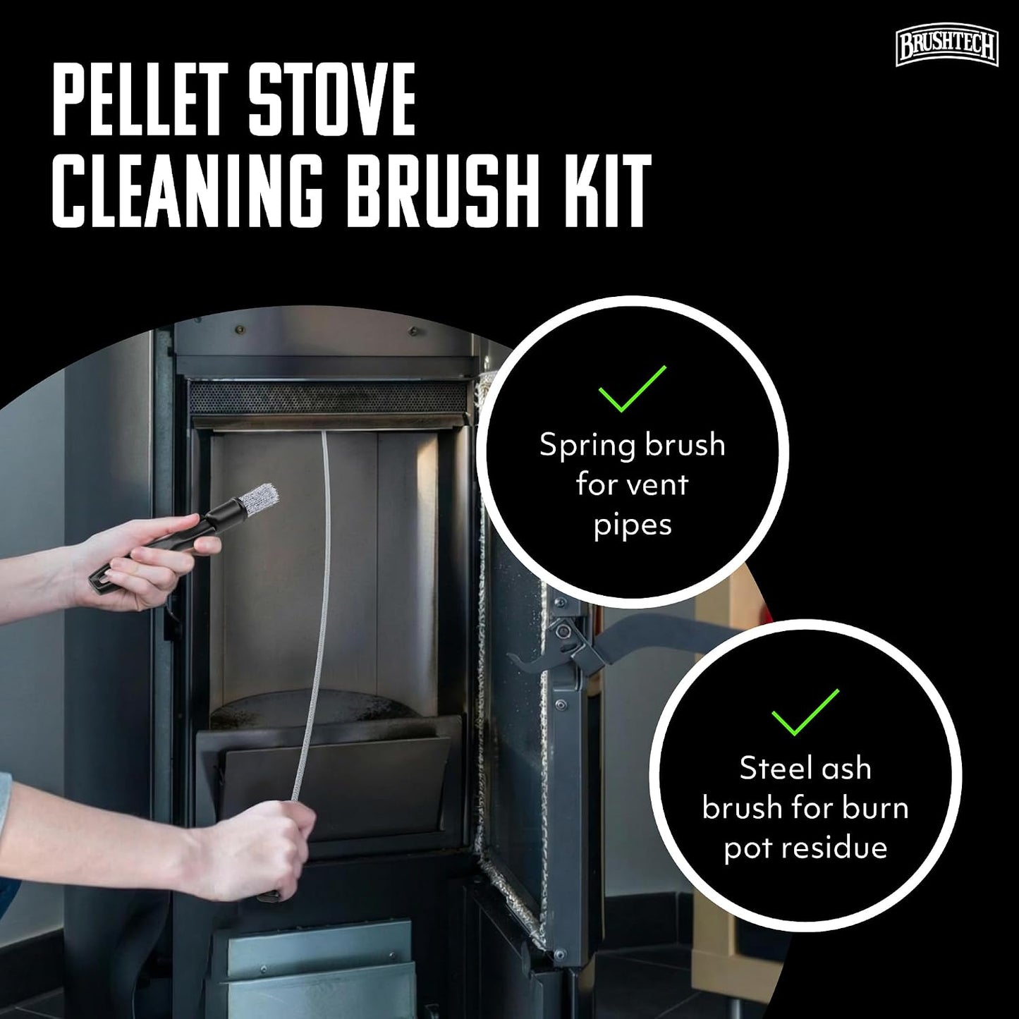 BRUSHTECH – Brushtech – Pellet Stove Cleaning Brush for 3" Vent Pipes Kit - Black