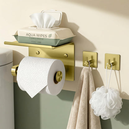 Tindbea Toilet Paper Holder Wall Mount + Towel Robe Hooks, Adhesive or Screw Wall Mounted Toilet Paper Roll Holder with Shelf, Stainless Steel Bathroom Organizers and Storage Kit (Brushed Gold)
