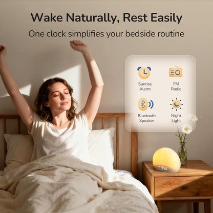 HOUSBAY Sunrise Alarm Clock with Bluetooth Speaker & Radio | Wake Up Light, 6 Gentle Alarm Sounds, Full-Range Dimmable Night Light & Display, Relaxing Bedside Companion, Fabric Finish