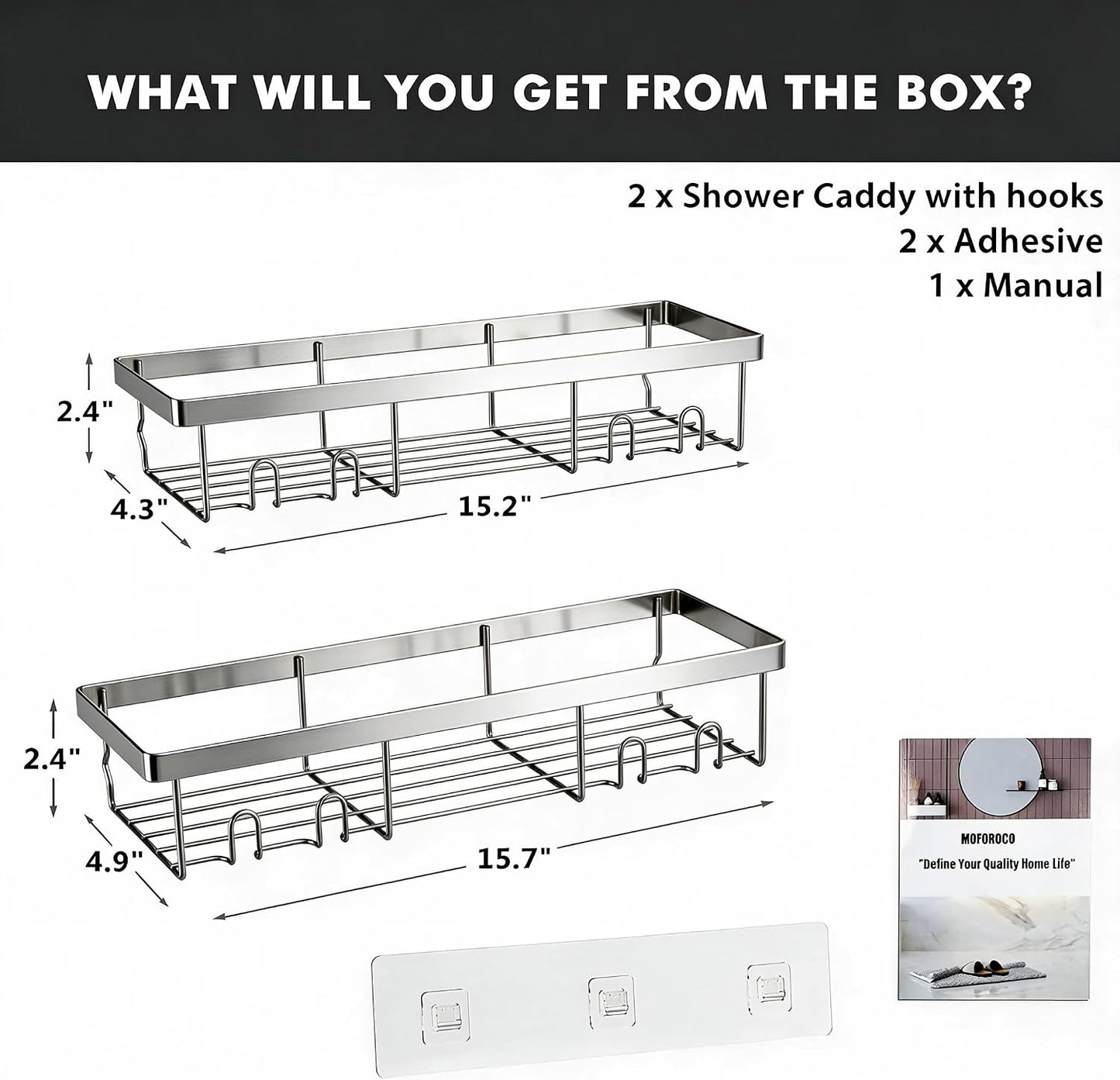 Moforoco Shower Caddy Shelf Organizer Rack, Self Adhesive Black Bathroom Shelves Basket, Home Farmhouse Wall Inside Organization and Storage Decor Rv Accessories, First Camper Apartment Essentials