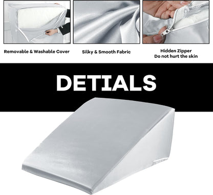 HOMBYS Satin Bed Wedge Pillow Cover Silky & Smooth Wedge Pillowcase 1 Pack 24x24x8, Soft & Breathable, Removable & Machine Washable-Zipper Design (Pillow Not Include), (Grey, 24"x24"x8")