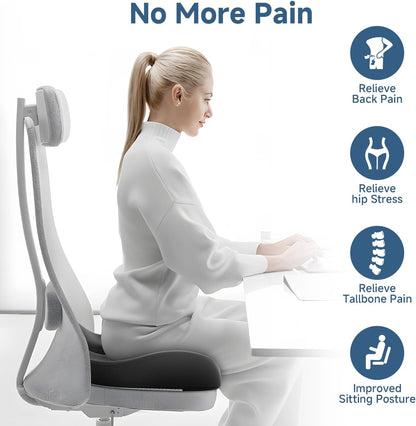 Benazcap Large Ergonomic Seat Cushion Relieves Sciatica & Tailbone Pain | Ergonomic memory foam relieves sitting strain, washable slip-resistant cover, fits office, car, gaming chairs all day