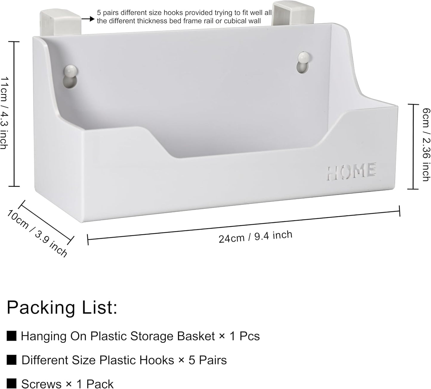 Bedside Caddy Hanging Storage Basket Little Size Plastic Beside Shelf Hang-on Storage Organizer for Collage Dorm Bunk Bed,Changing Table - Bedroom Essentials for Phone,Mini Speaker,Tissues (White)