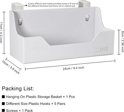 Bedside Caddy Hanging Storage Basket Little Size Plastic Beside Shelf Hang-on Storage Organizer for Collage Dorm Bunk Bed,Changing Table - Bedroom Essentials for Phone,Mini Speaker,Tissues (White)