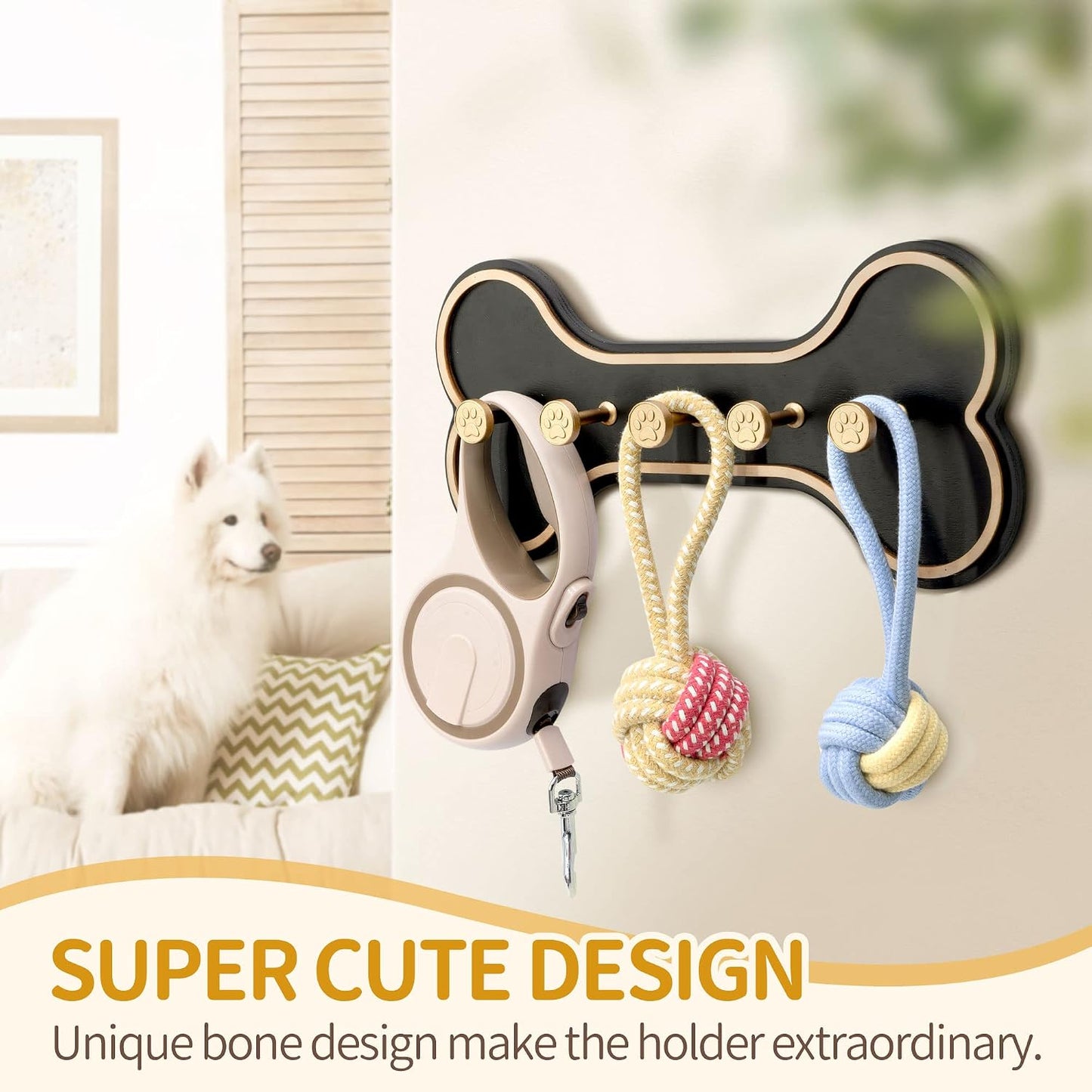 MTERSN Dog Leash Holder Wall Mount with 3D Paws Hooks, Distressed White | Bone-Shaped Dog Leash Holder for Wall, Leash Holder, 5 Dog Leash Hook, Pet Accessories Storage, Gift for Dog Lovers