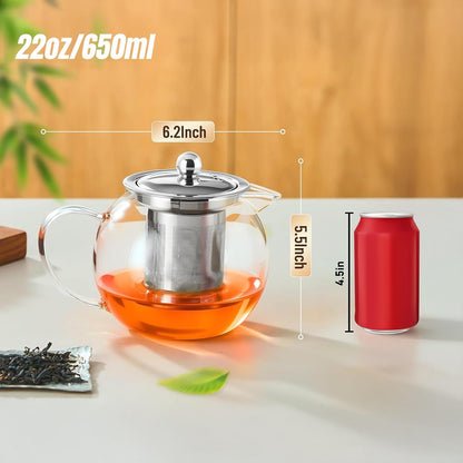 Baalaka Glass Teapot 18.6oz/550ml, Tea Pot with Removable Infusers for Loose Tea, Borosilicate Glass Tea Kettle Tea Maker Stovetop for Camping, Tea Infuser for Loose Leaf Tea Travel | Borosilicate glass tea kettle with infuser; steel strainer for loose