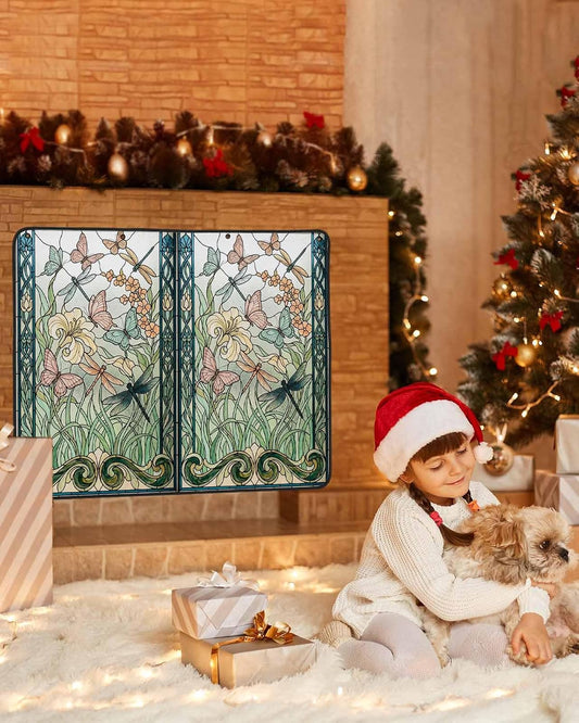Animal Flowers Magnetic Fireplace Cover, Fireplace Draft Blocker, Vintage Butterflies Dragonfly Floral Fireplaces Blanket for Heat Loss/Cold Air, Fireplaces Draft Stopper Cover for Inside 36"x27"