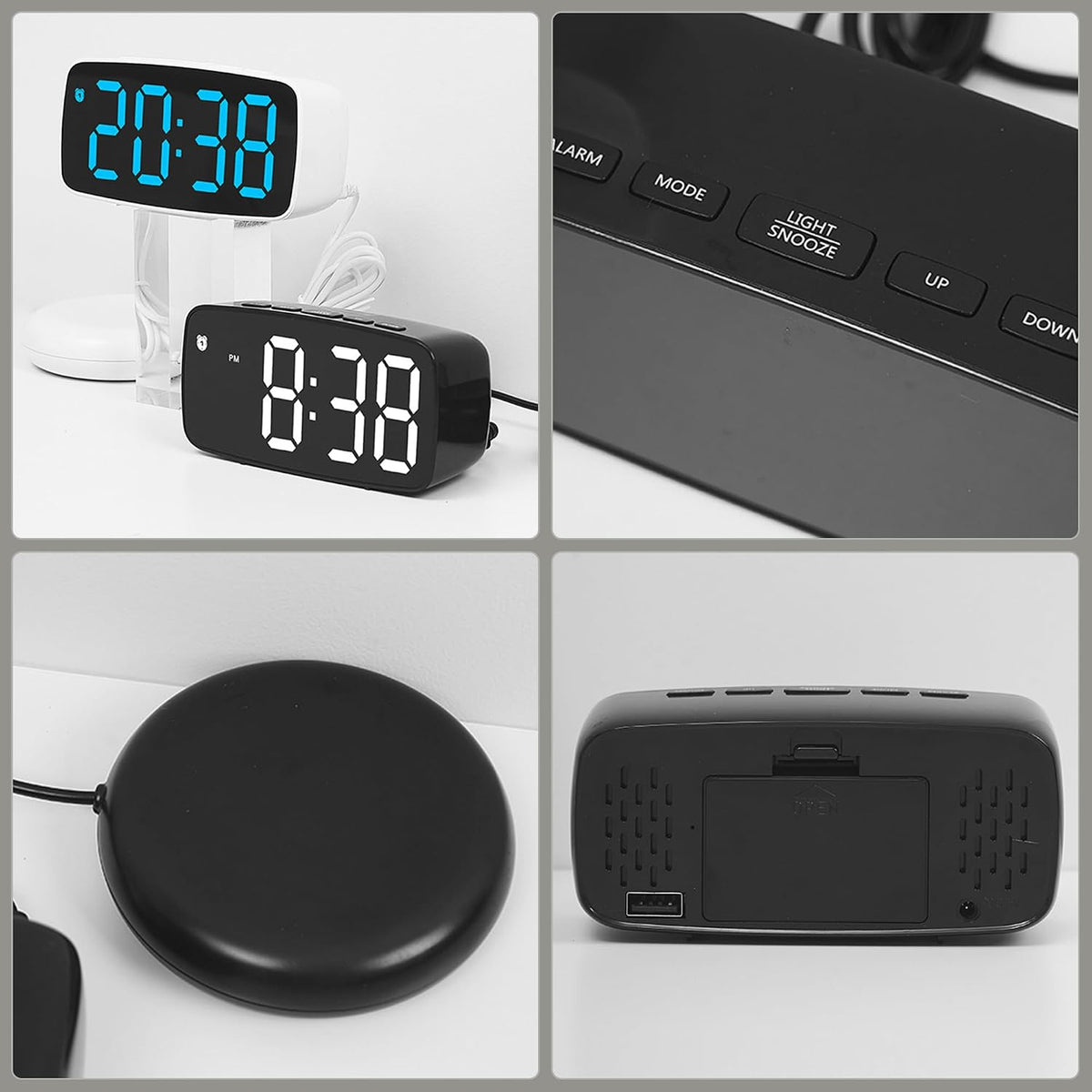 Dimmable LED Alarm Clock 2-Level Brightness, Wired Shaker, Snooze Function, Fits Bedside Table 4.7" L x 1.6" W x 2.4" H White Housing with Blue Light