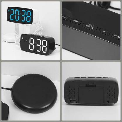 Dimmable LED Alarm Clock 2-Level Brightness, Wired Shaker, Snooze Function, Fits Bedside Table 4.7" L x 1.6" W x 2.4" H White Housing with Blue Light