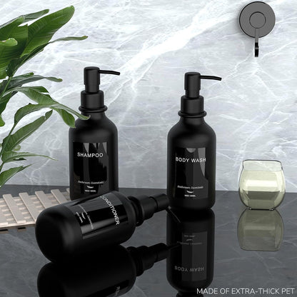 Modern Shampoo and Conditioner Dispenser - Shower Soap Dispenser Wall Mounted - 3-Pack 16 oz Plastic Amber Bottles with Black Pumps - Stylish Shampoo Dispenser, Shower Dispenser 3 Chamber No Drill