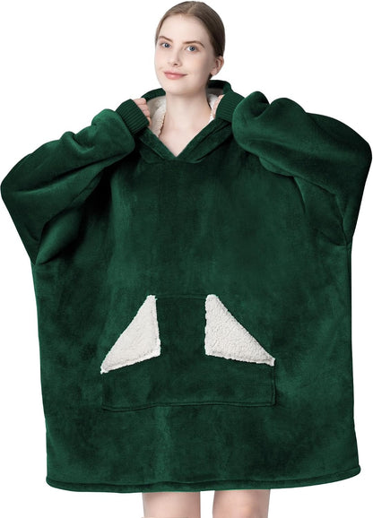 Wearable Blanket Hoodie, Oversized Sherpa Fleece Sweatshirt Blanket with Giant Hood Pocket and Sleeves for Adult, Warm & Cozy Grey Blanket Gifts for Women