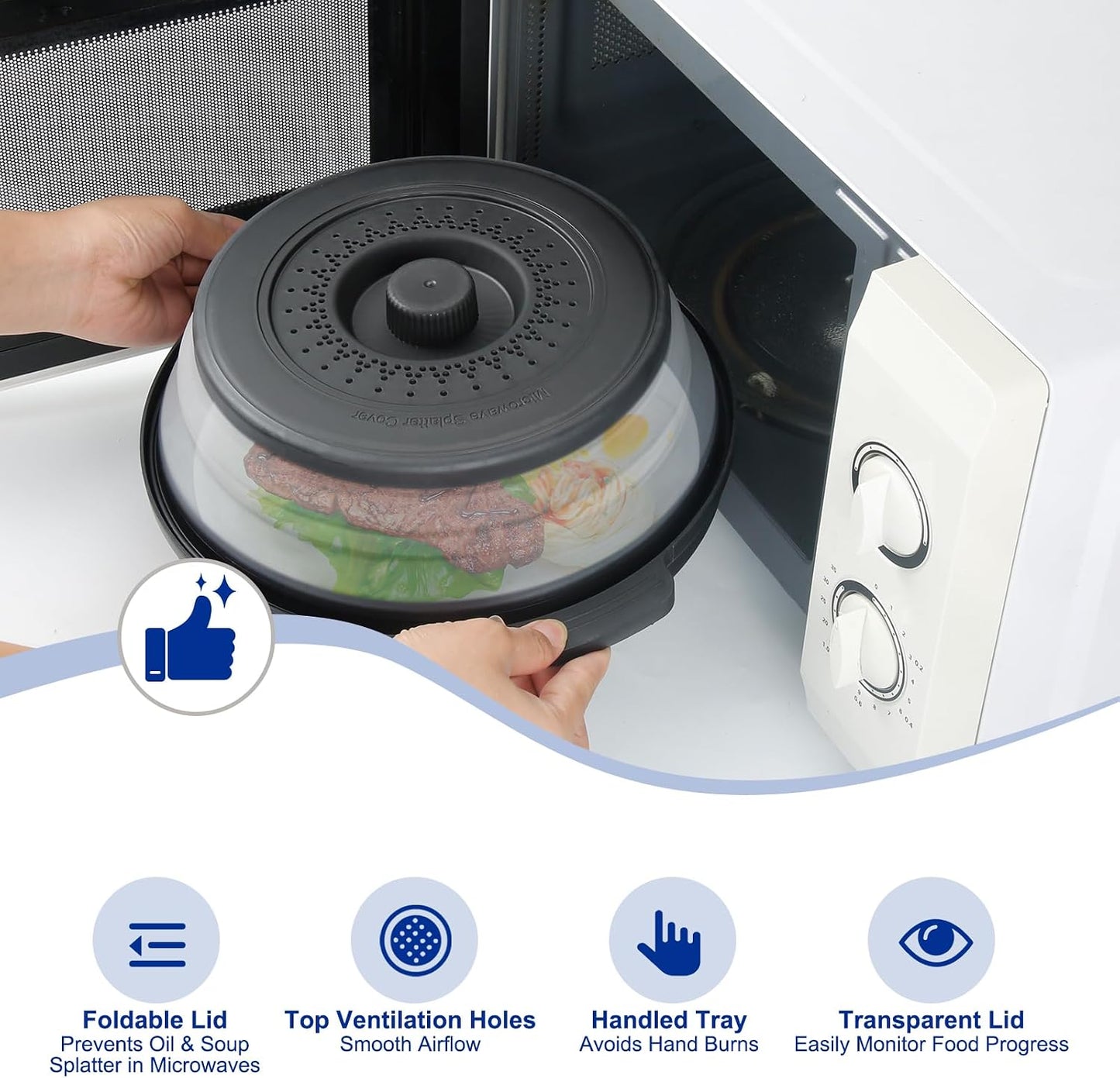 Microwave Splatter Cover for Food with Handle &Heat-Resistant Mat, 10.7" Collapsible Microwave Plate Cover - BPA Free, Dishwasher Safe Food Lid, Multi-Use Colander & Steamer for Meal Prep （Black）