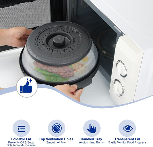 Microwave Splatter Cover for Food with Handle &Heat-Resistant Mat, 10.7" Collapsible Microwave Plate Cover - BPA Free, Dishwasher Safe Food Lid, Multi-Use Colander & Steamer for Meal Prep （Black）