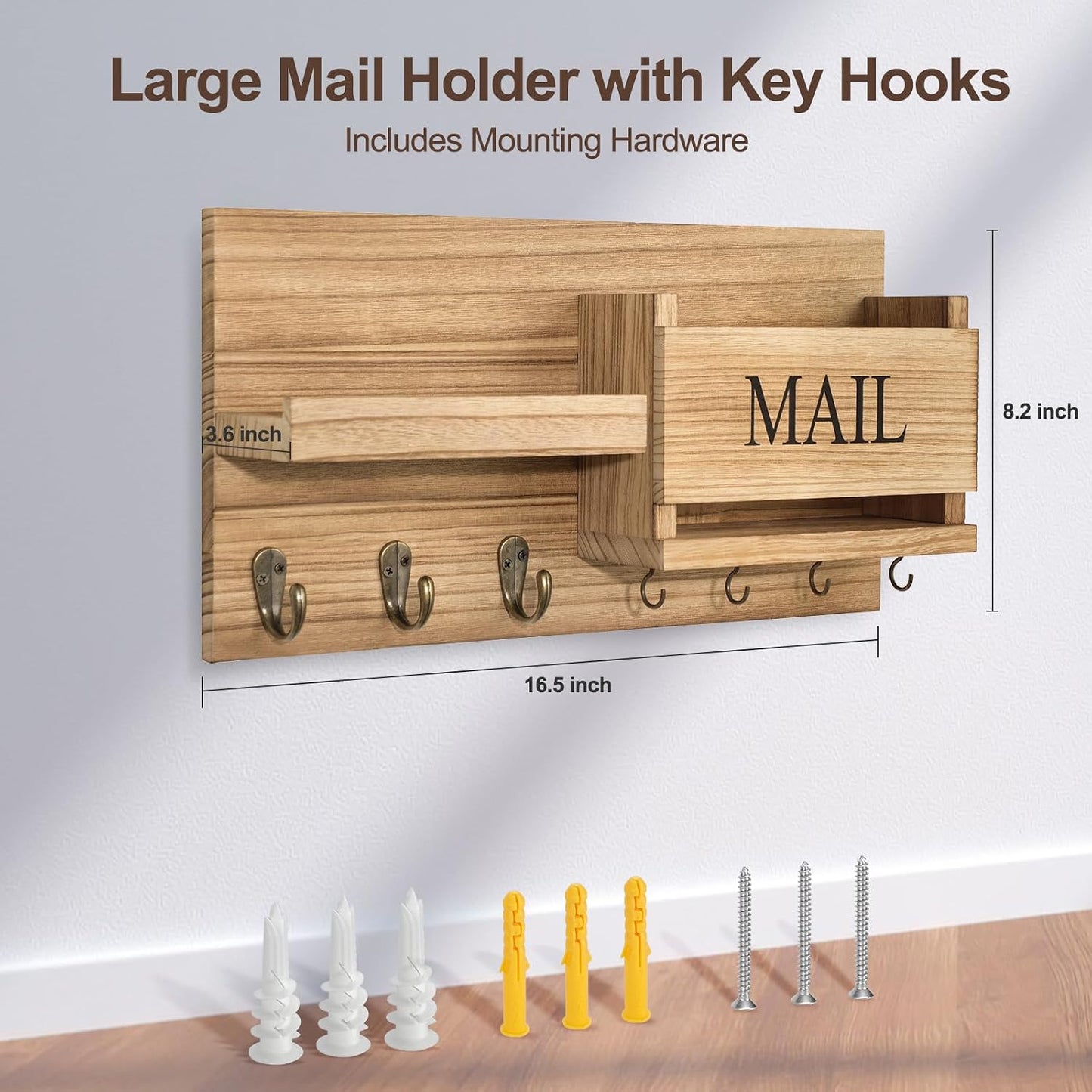 Lwenki Mail Organizer for Wall Mount – Key Holder with Shelf Includes Letter Holder and Hooks for Hallway Farmhouse Decor – Rustic Wood with Flush Mounting Hardware (16.5” x 9.1” x 3.4”) (White)