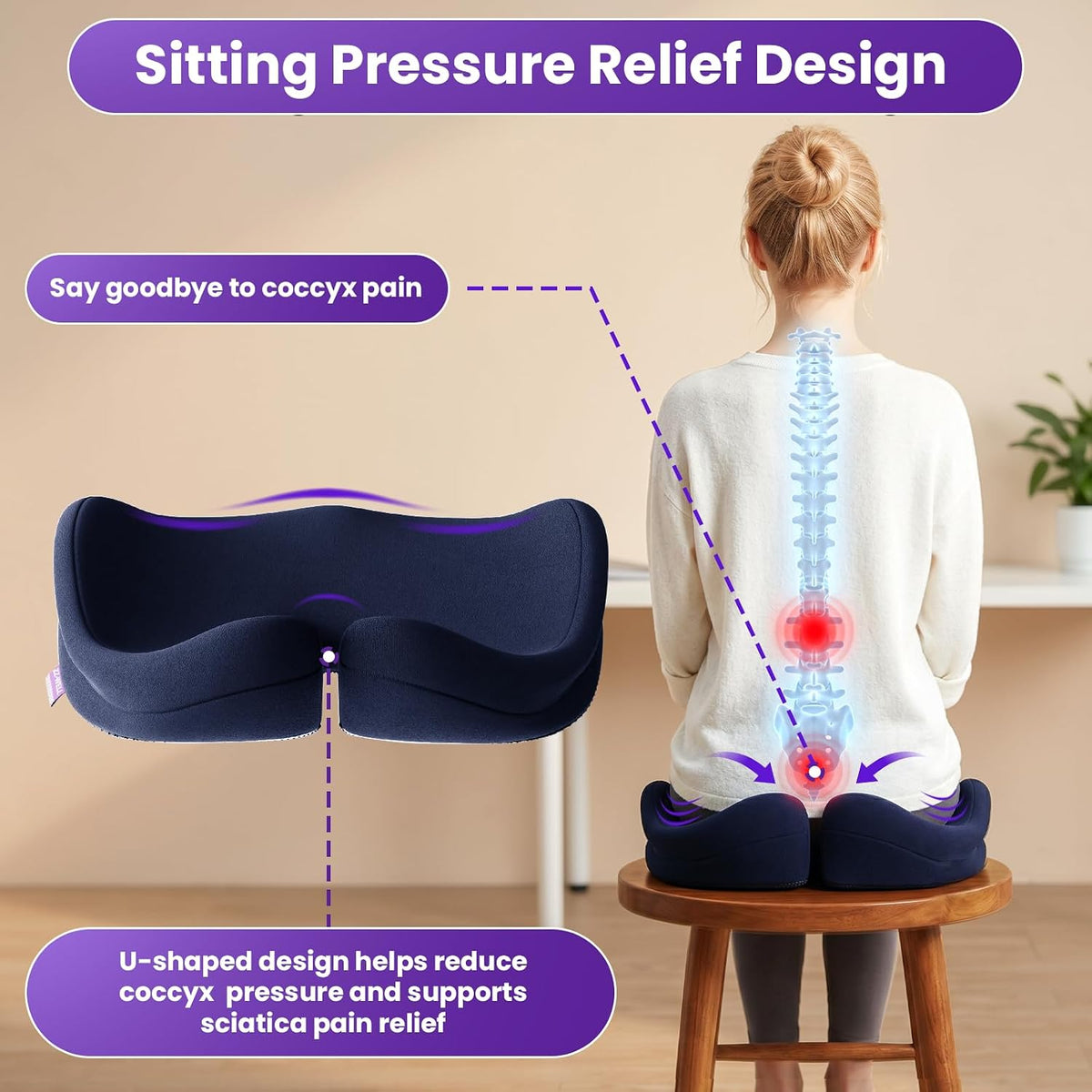 ZZ-WELL Seat Cushions for Office Chairs, Coccyx Cushion for Tailbone Pain, Memory Foam Butt Pillows for Computer Gaming Chair, Patented Pressure Relief Design Chair Cushion (Light Grey, XX-Large)