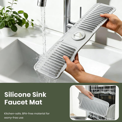 24 Inch Faucet Mat for Kitchen Sink, Silicone Splash Guard for Kitchen Sink Area, 7° Slope Fast Self-Draining Sink Mat, Cuttable Hole Design, Sink Backsplash Guard Draining Mat, Grey