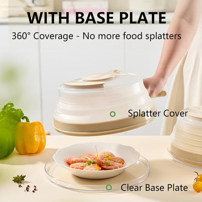 Microwave Splatter Cover with Base Plate and Water Steamer,Collapsible Microwave Cover for Food with Handle and Seasoning Groove, Clear Plate Covers,Food Safe,BPA Free,House Gifts (Creamy White)