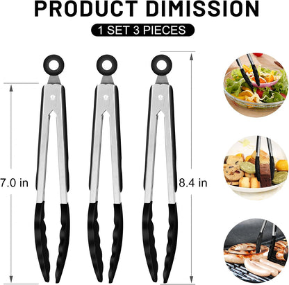Hotec Mini Silicone Kitchen Tongs for Cooking - 7-Inch Small Serving Tongs with Silicone Tips, Set of 3 (Black,Grey,Light Blue)