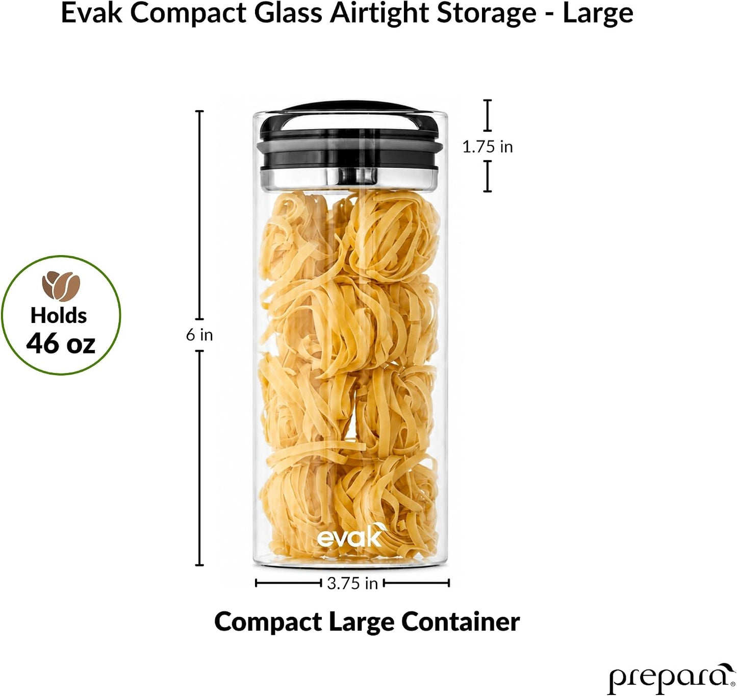 Prepara Evak Compact Glass Food Storage, Small, Black | Borosilicate Glass Container Vacuum Seal Lid & Black Handle, Odor & BPA-Free, Ideal for Coffee, Tea, Pantry Dry Goods